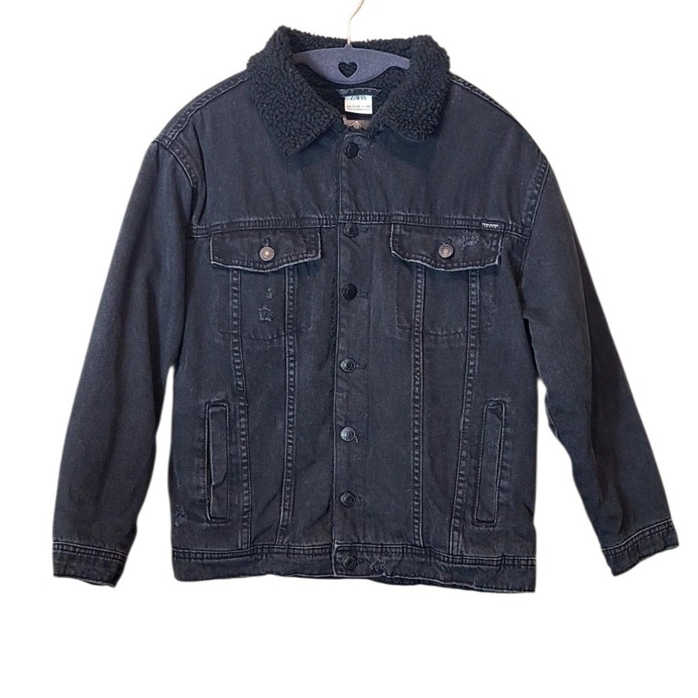 Zara Kids Adventure Expedition Denim Jacket Black Distressed Size 11-12